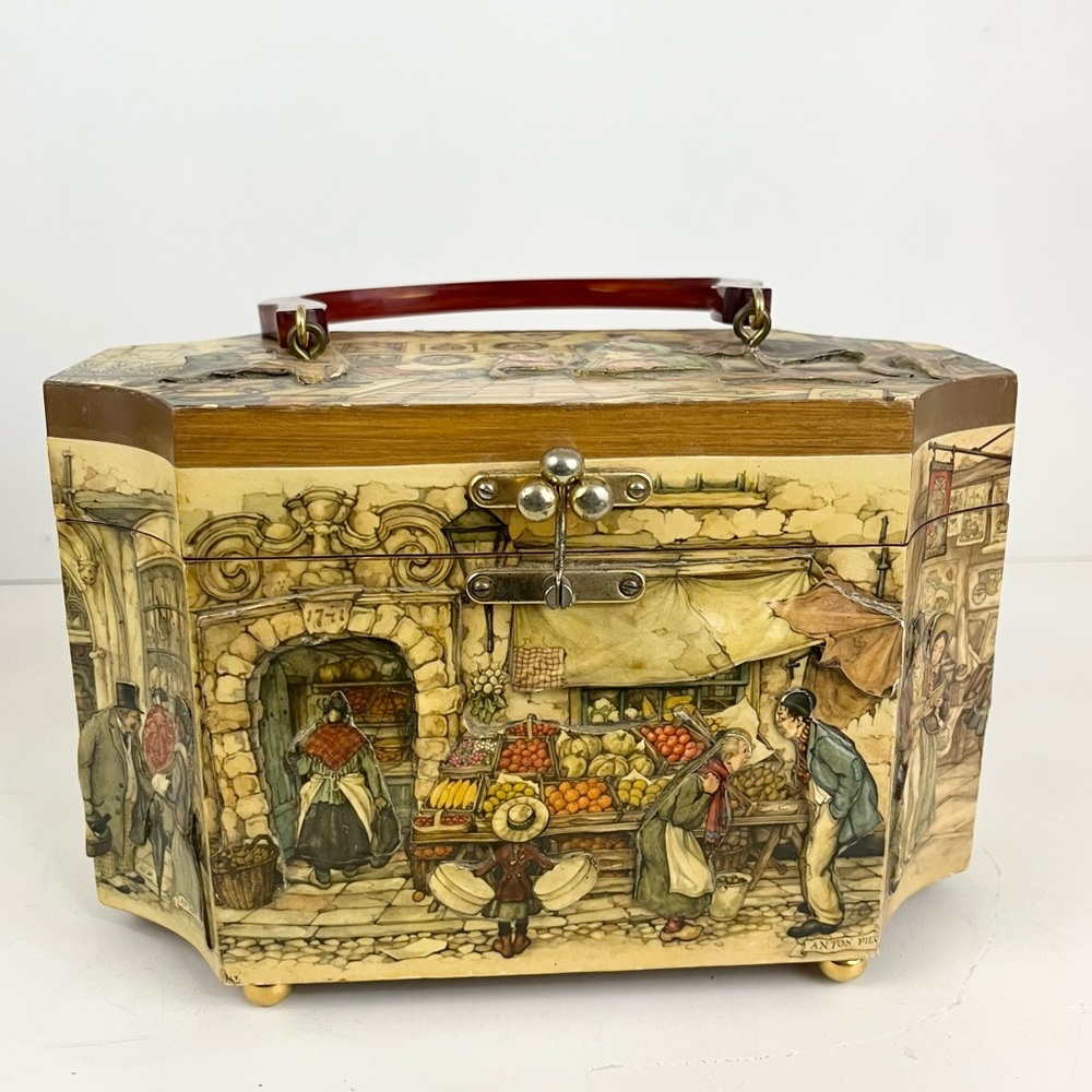 Vintage Anton Pieck Wood Decoupage Purse 1970 D.A.C. N.Y. Keepsake Box